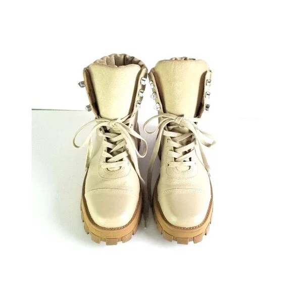 SCHUTZ Women's Sutton Leather Lace Up Hiker Boots Oyster 8.5 Beige Booties - Picture 4 of 14